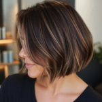 Brauner Bob Haarschnitt mit hellen Highlights in der Seitenansicht