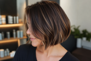 Brauner Bob Haarschnitt mit hellen Highlights in der Seitenansicht