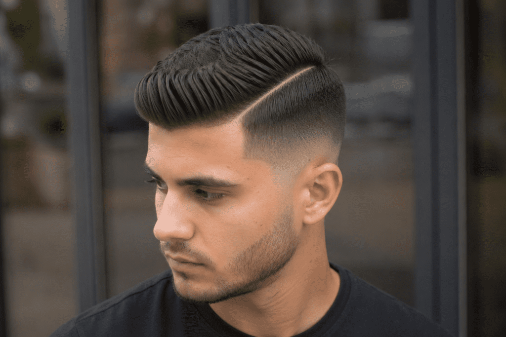 Moderner Seitenscheitel für Männer mit präzisem Übergang (Fade Cut)