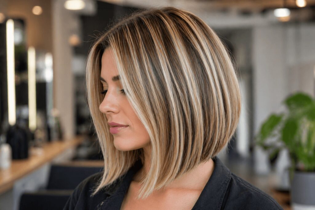 Bob mit Strähnchen Frisur mit sichtbaren Highlights und klaren Farbkontrasten