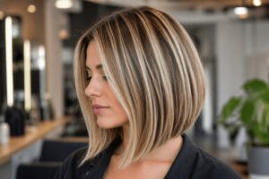 Bob mit Strähnchen Frisur mit sichtbaren Highlights und klaren Farbkontrasten