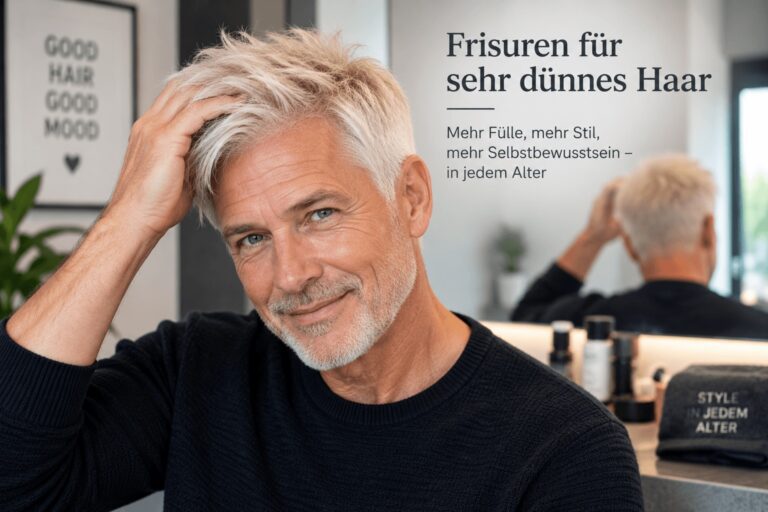 Älterer Mann mit sehr dünnem hellem Haar und moderner Kurzhaarfrisur